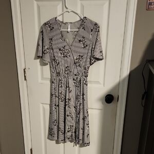 Piphany Black & White Striped Floral Wrap Midi Dress